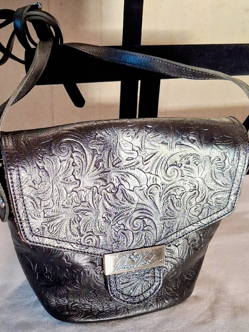 Patricia Nash Black Embossed Shoulder Bag Women’s with Logo Plaque Accent 9x9x5